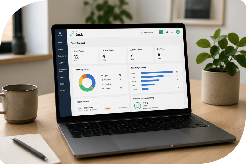 Bærbar computer med Zoho Desk dashboard på skærmen i lyst skandinavisk kontormiljø med minimalistisk indretning og grøn plante på skrivebord.