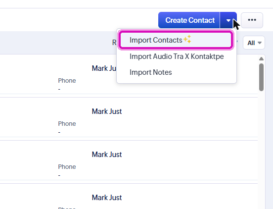 Pilen ved Create Contact åbner menuen. Vælg Import Contacts.