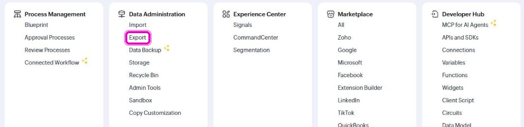 Export under Data Administration i Setup